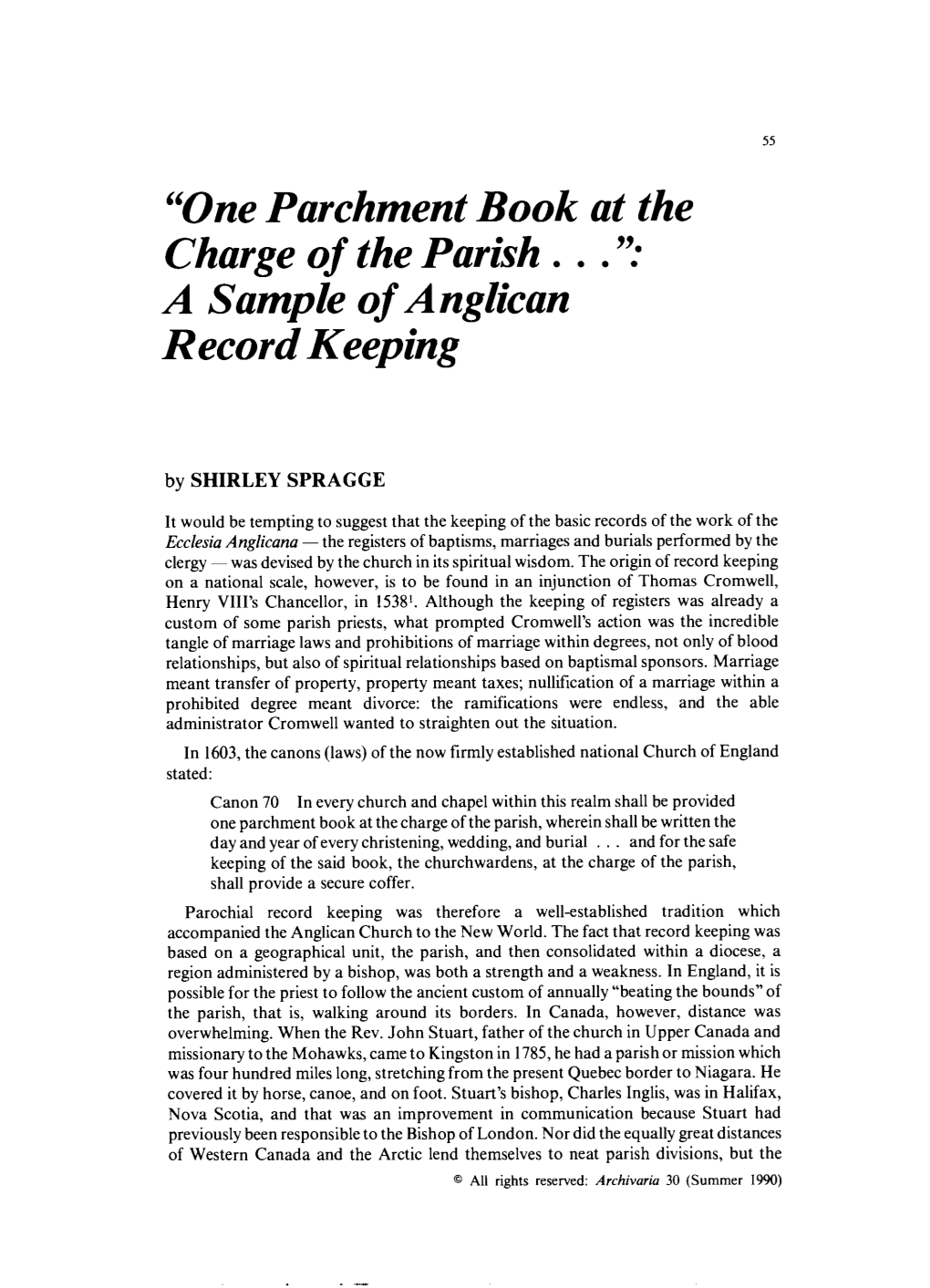 Charge of the Parish L . . a a Sample of Anglican Record Keeping