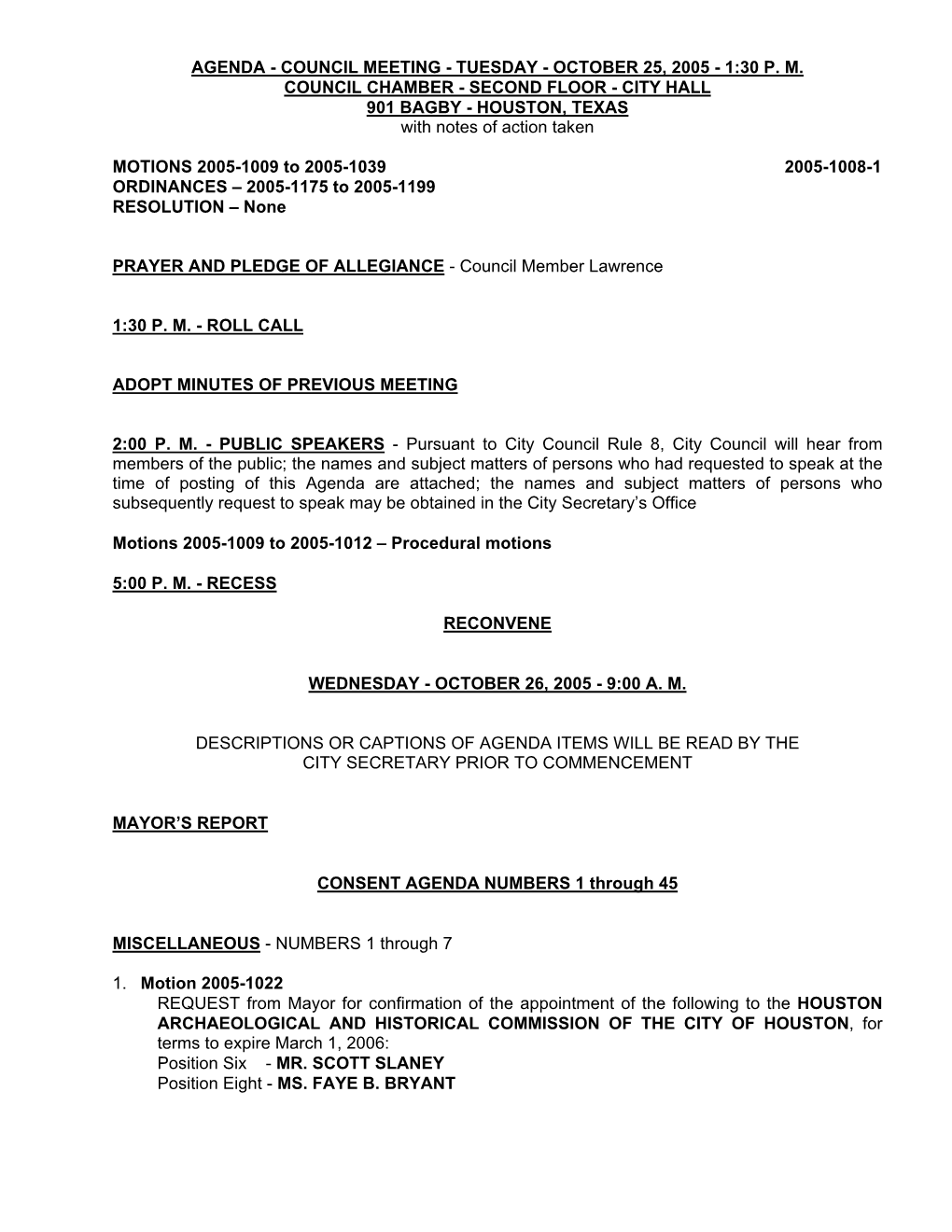 Agenda - Council Meeting - Tuesday - October 25, 2005 - 1:30 P