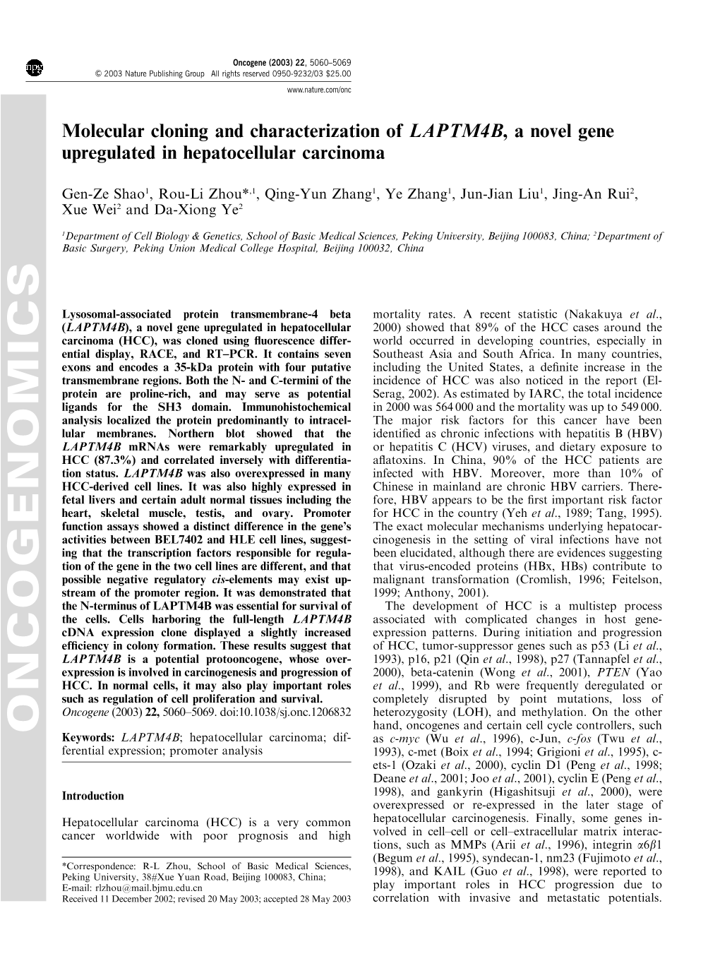 Molecular Cloning and Characterization of LAPTM4B, a Novel Gene Upregulated in Hepatocellular Carcinoma