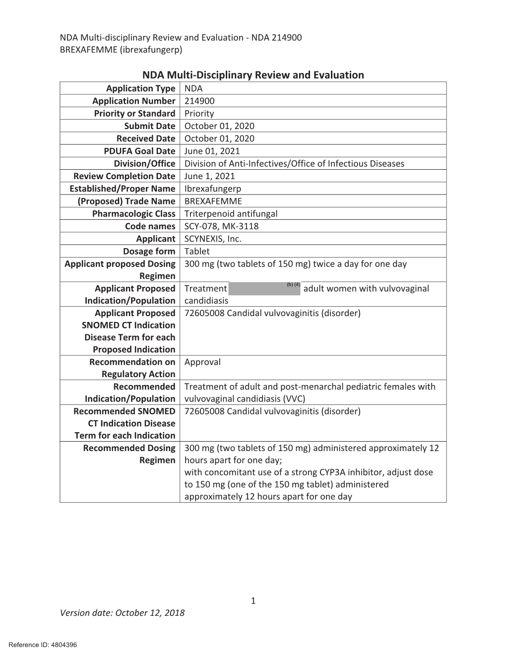 NDA Multi-Disciplinary Review and Evaluation - NDA 214900 BREXAFEMME (Ibrexafungerp)