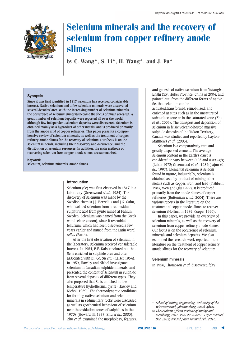 Selenium Minerals and the Recovery of Selenium from Copper Refinery Anode Slimes by C