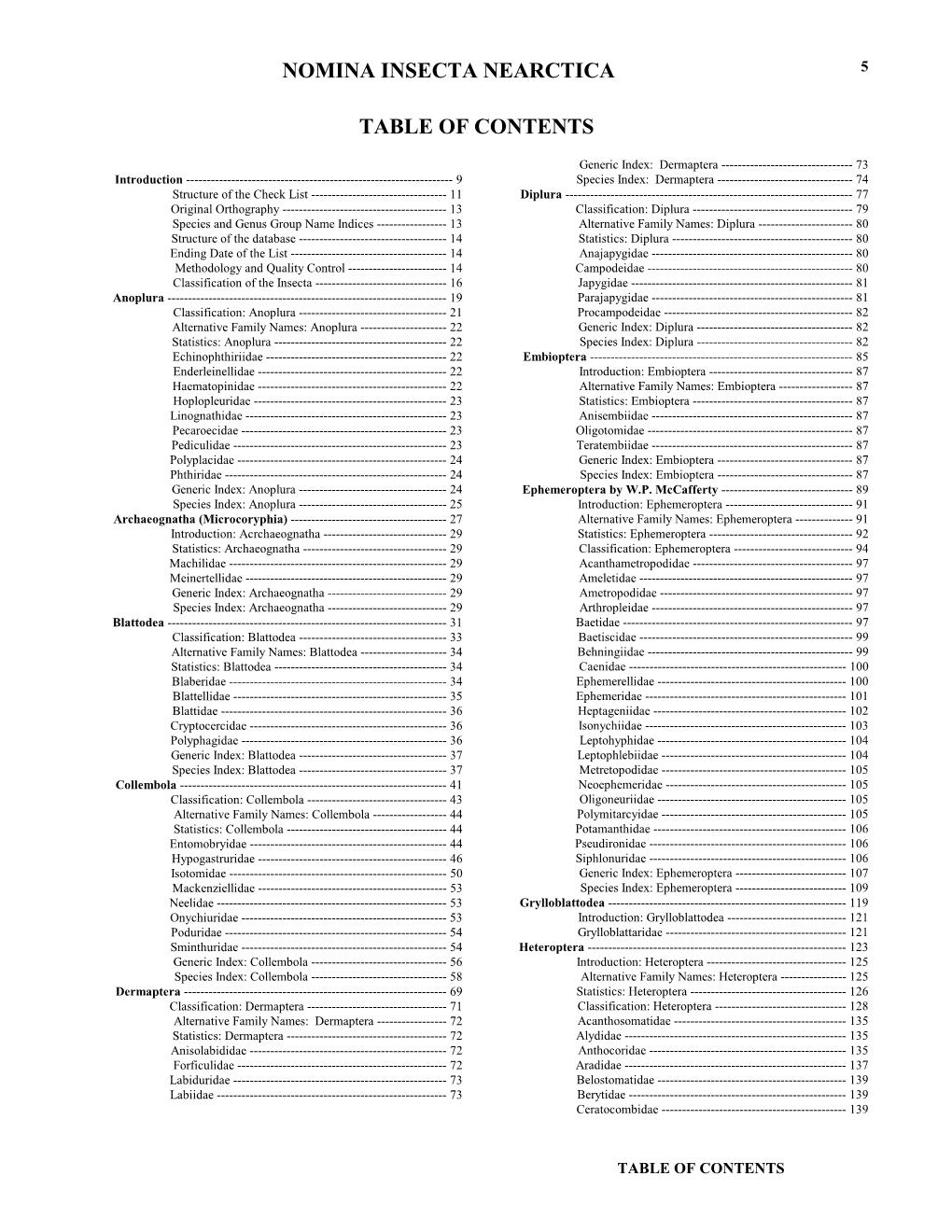 Nomina Insecta Nearctica Table of Contents