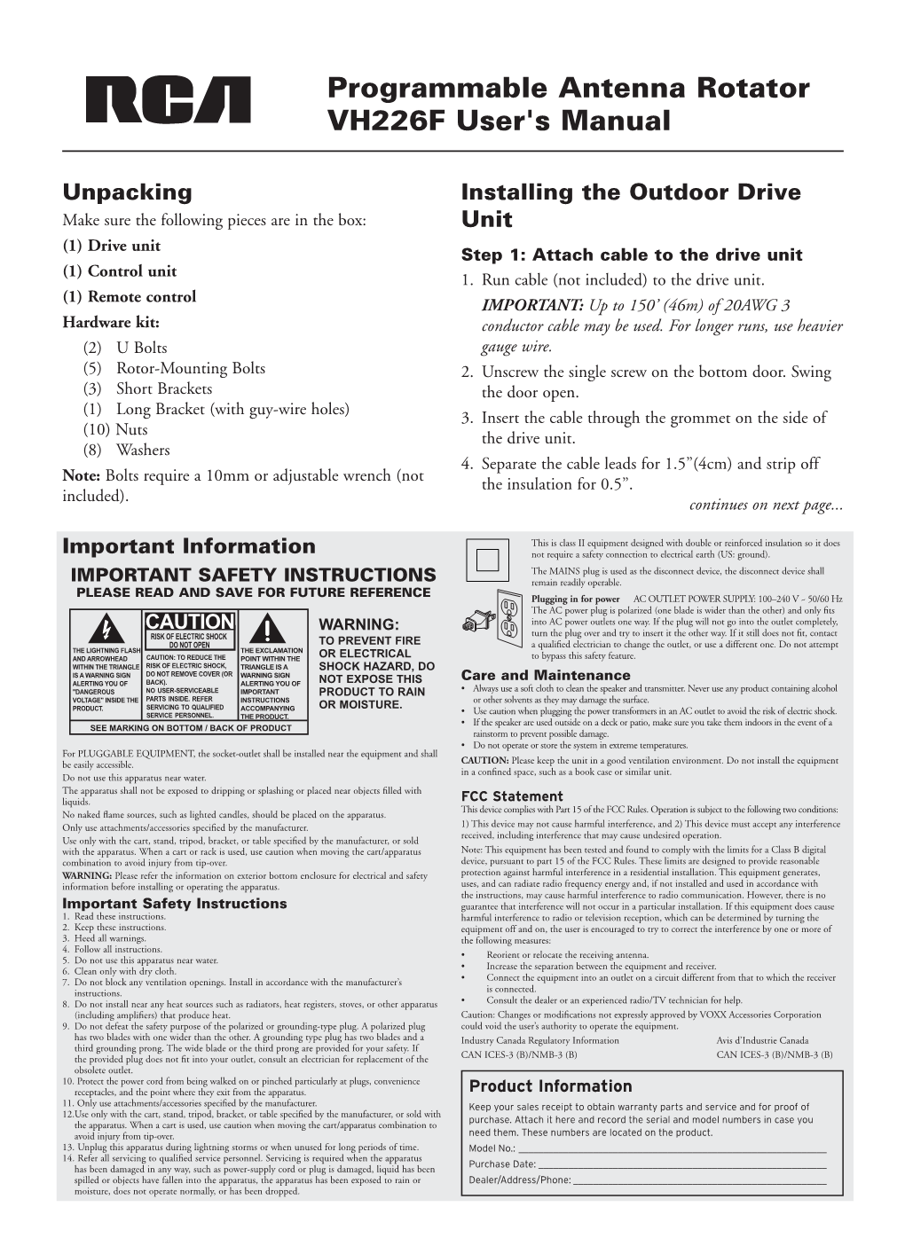 Programmable Antenna Rotator VH226F User's Manual