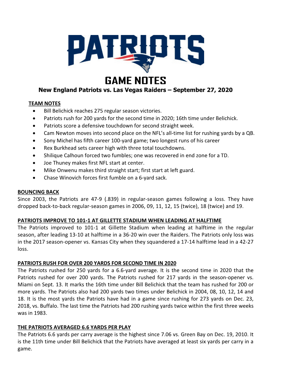 Patriots at Philadelphia Game Notes