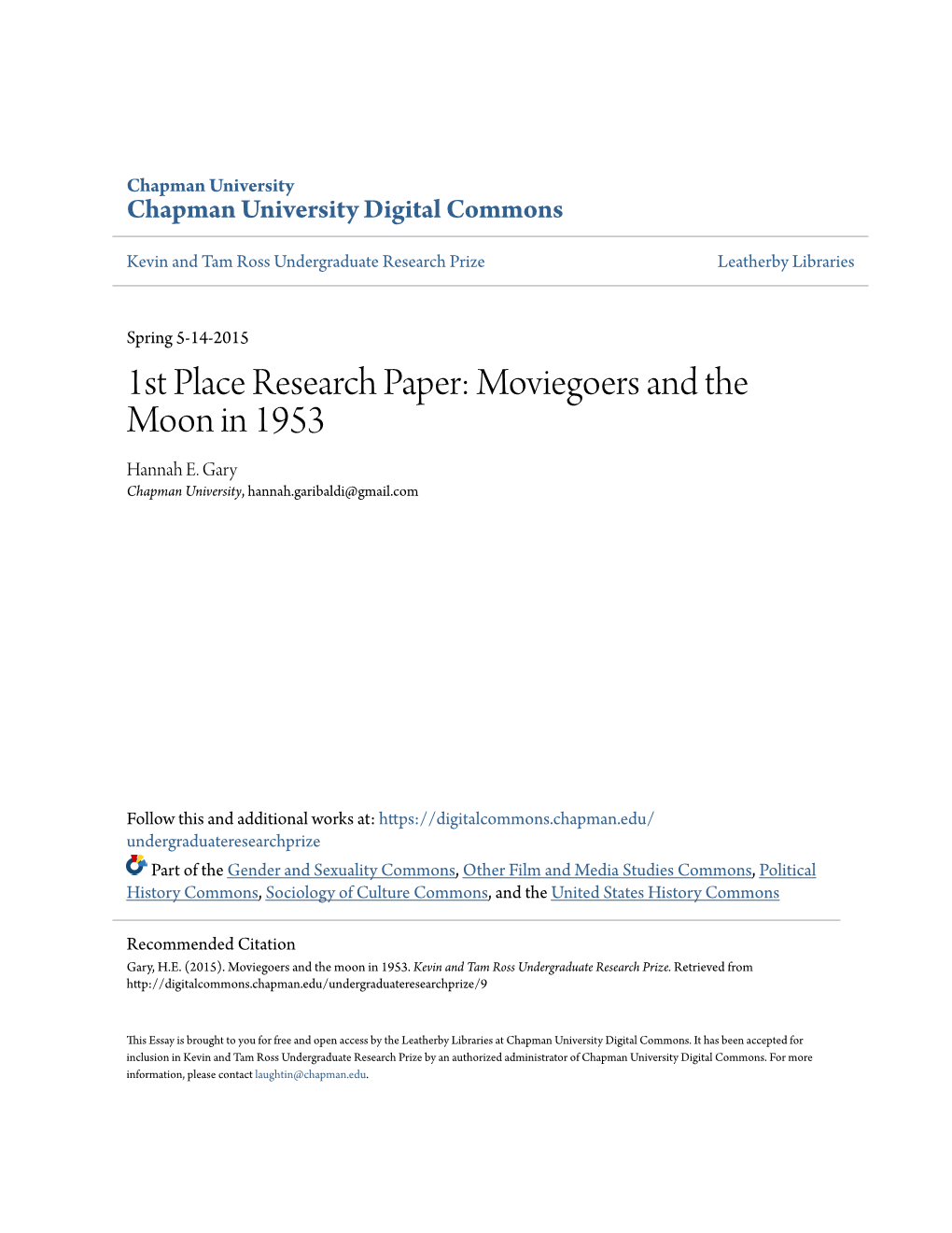 1St Place Research Paper: Moviegoers and the Moon in 1953 Hannah E