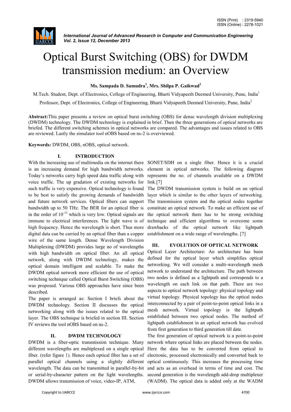 Optical Burst Switching (OBS) for DWDM Transmission Medium: an Overview