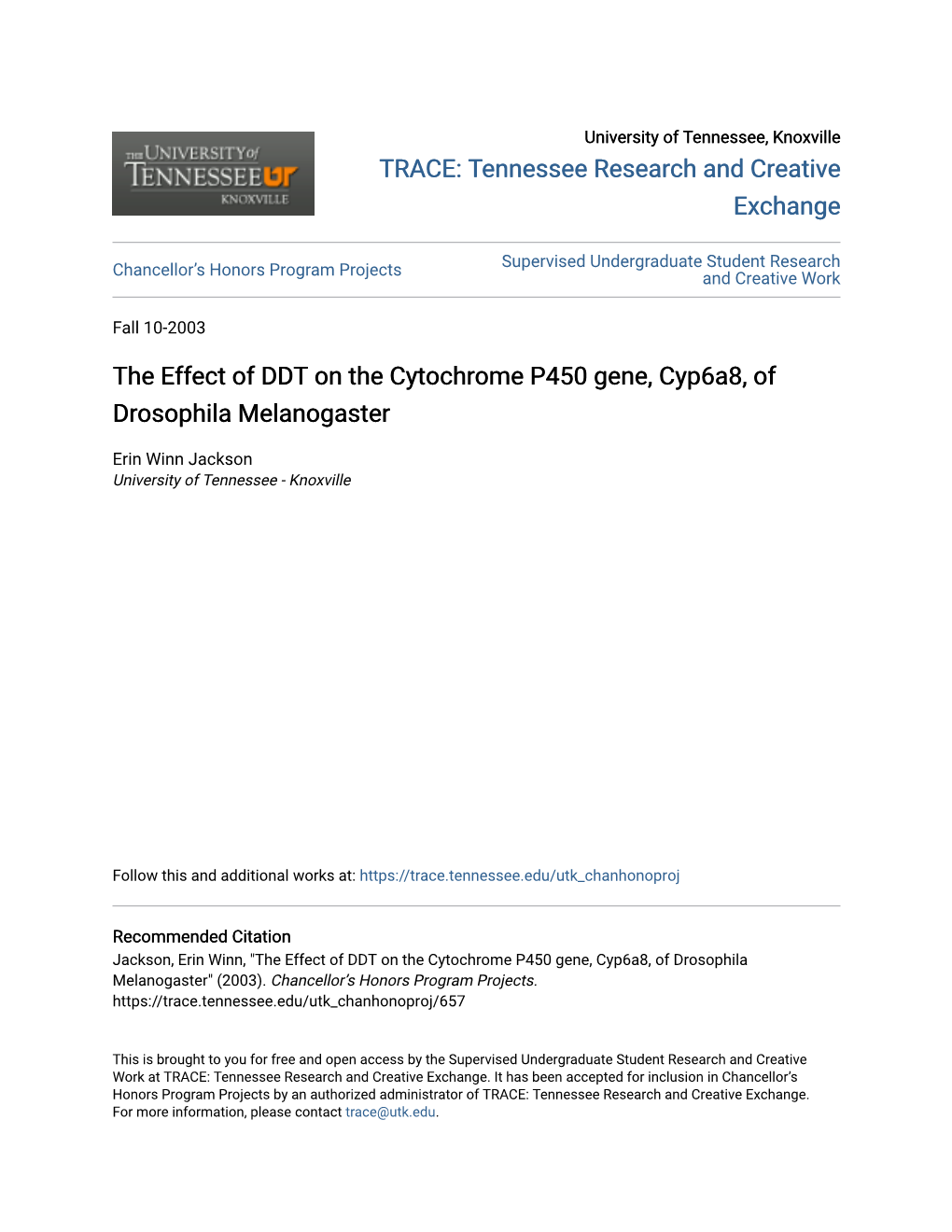 The Effect of DDT on the Cytochrome P450 Gene, Cyp6a8, of Drosophila Melanogaster