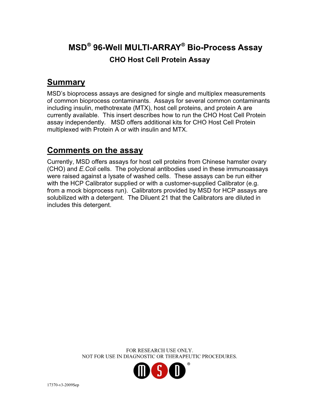 MSD 96-Well MULTI-ARRAY Bio-Process Assay Summary