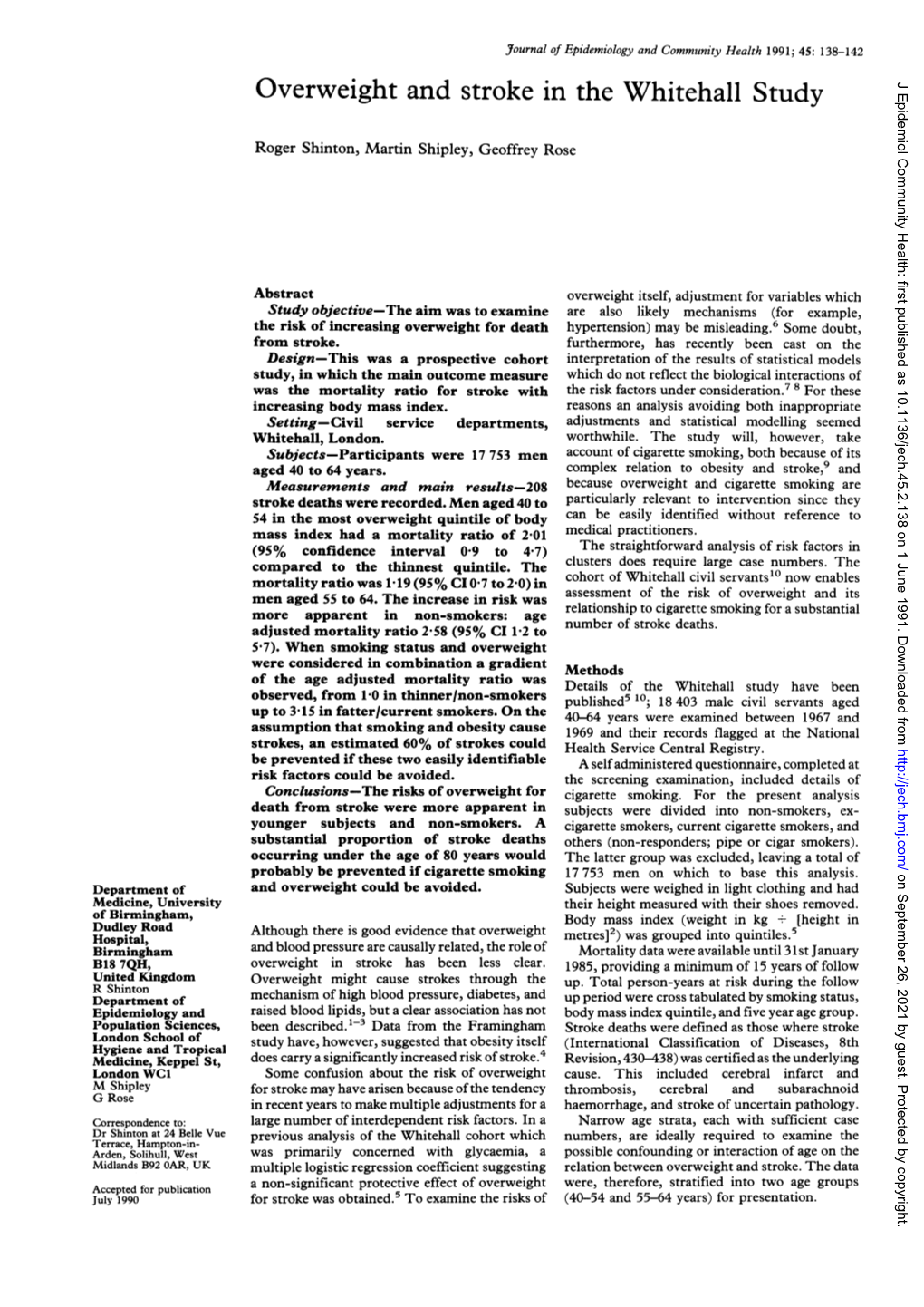 Overweight and Stroke in the Whitehall Study J Epidemiol Community Health: First Published As 10.1136/Jech.45.2.138 on 1 June 1991