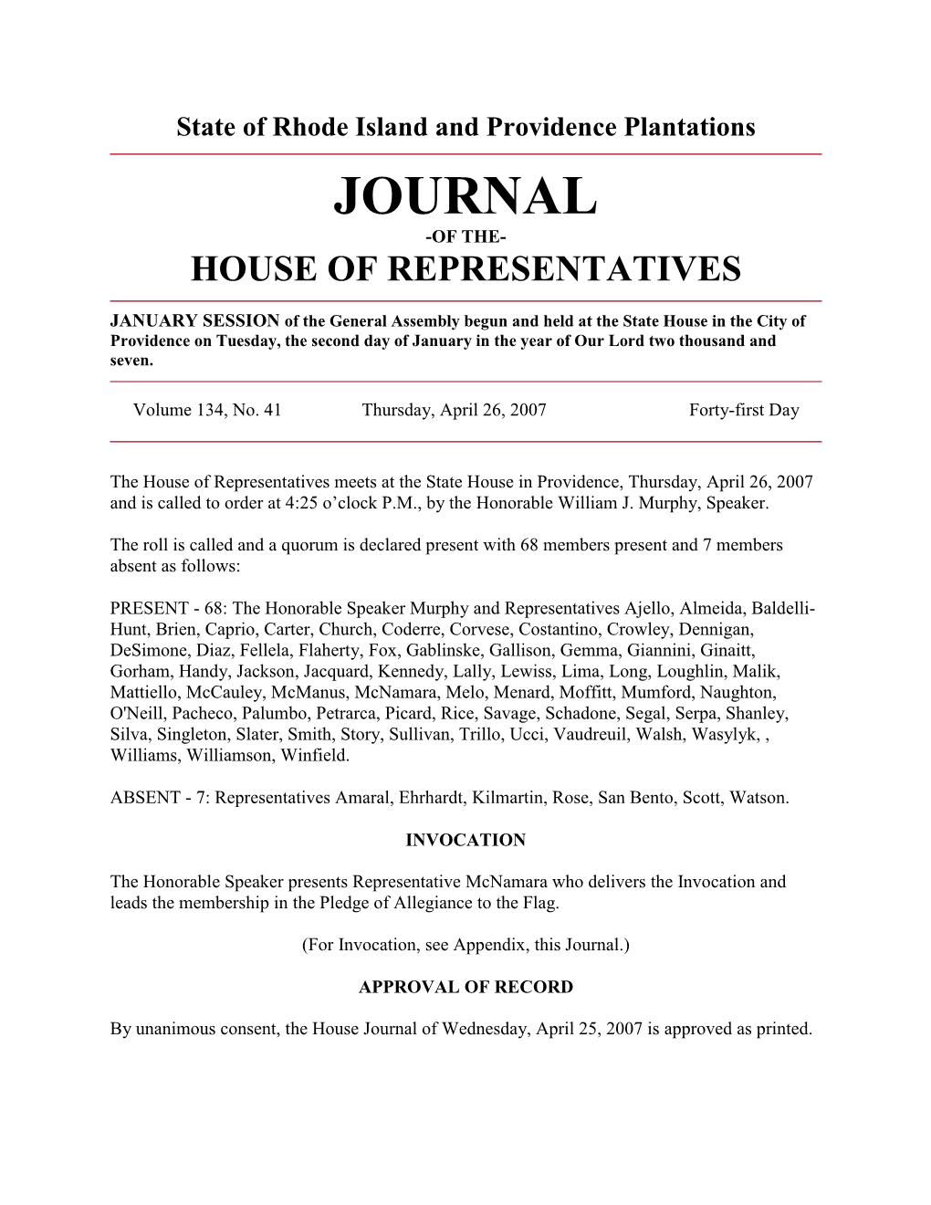 Journal -Of The- House of Representatives