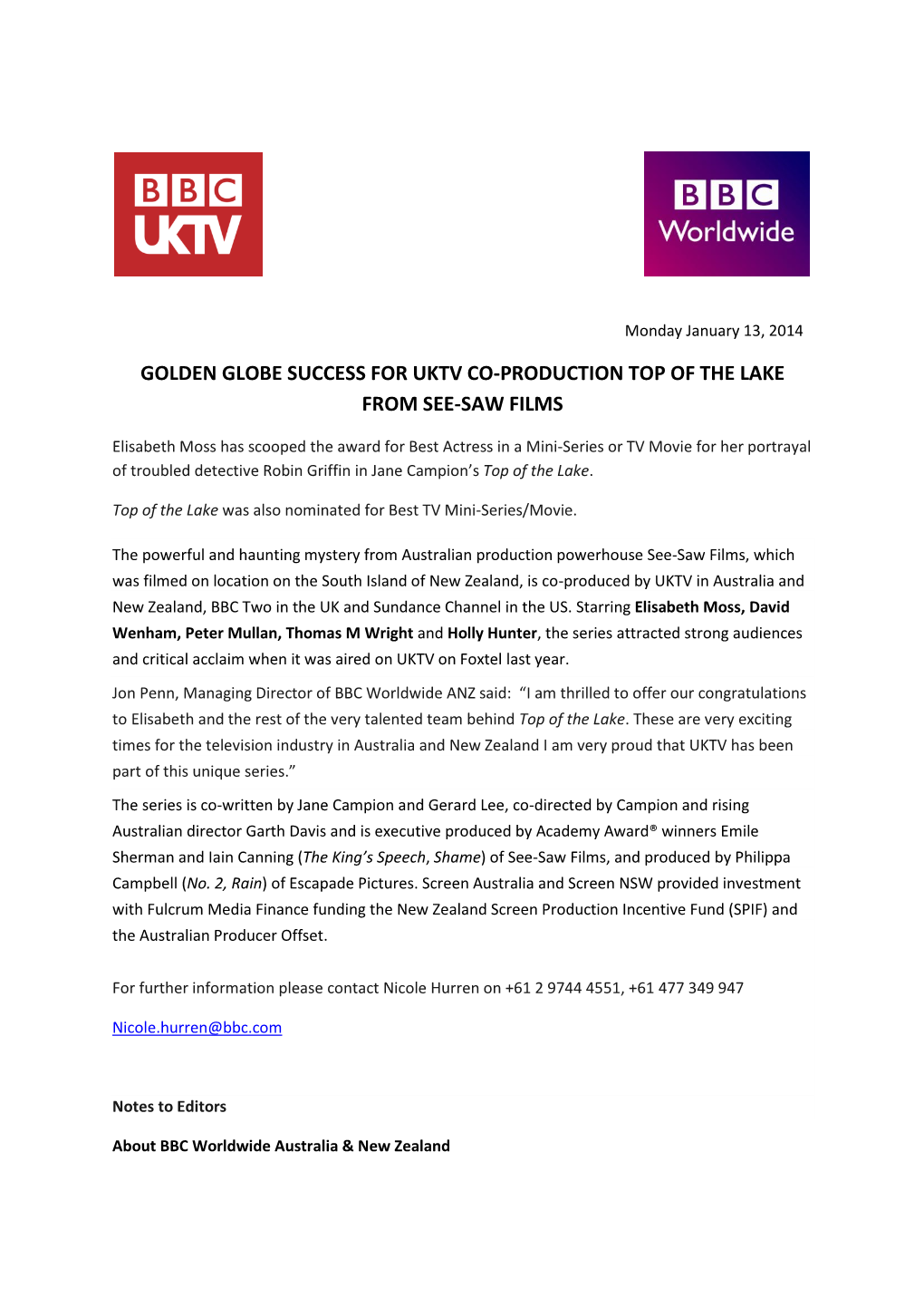 Golden Globe Success for Uktv Co-Production Top of the Lake from See-Saw Films