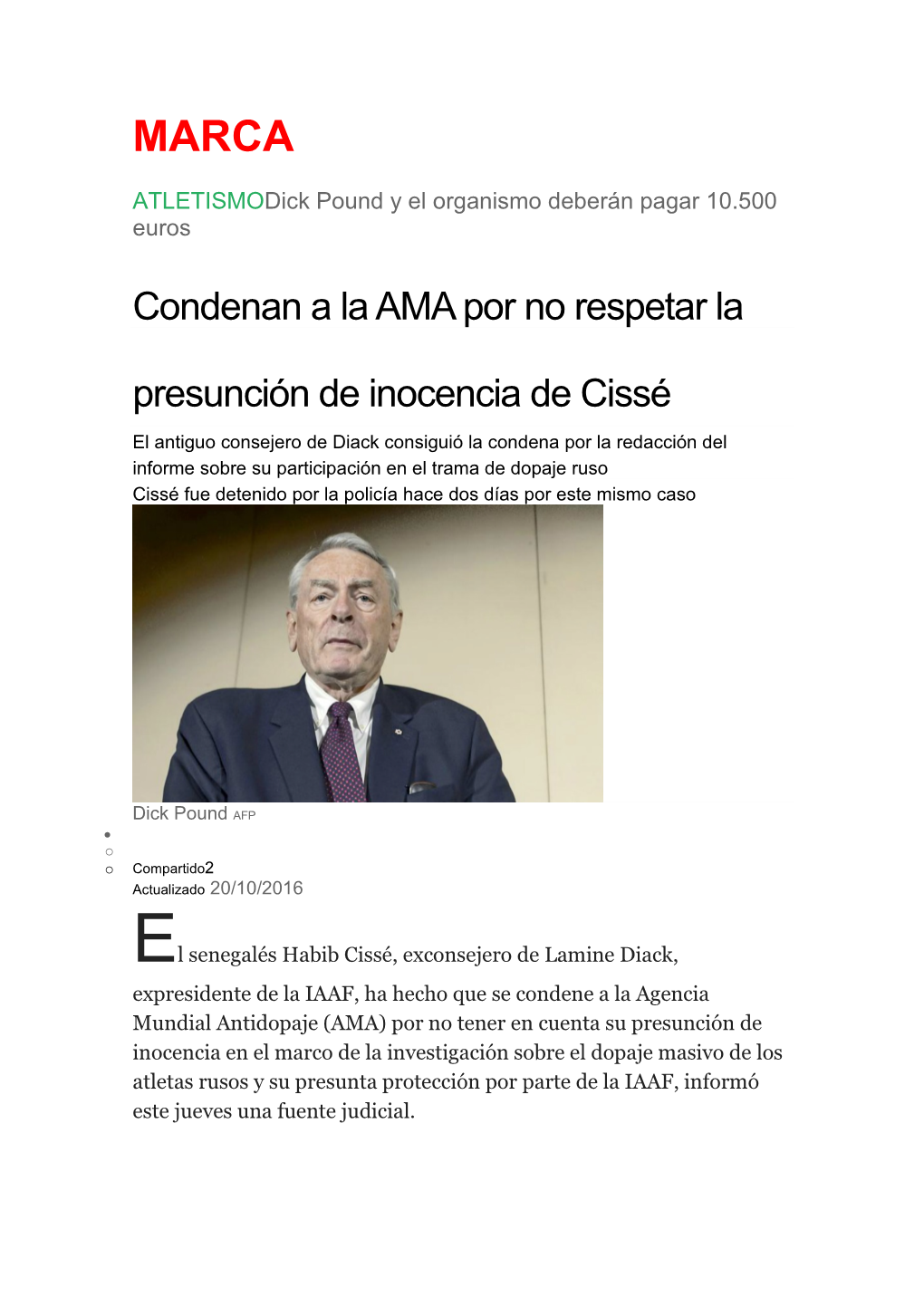 Condenan a La AMA Por No Respetar La Presunción De Inocencia De Cissé