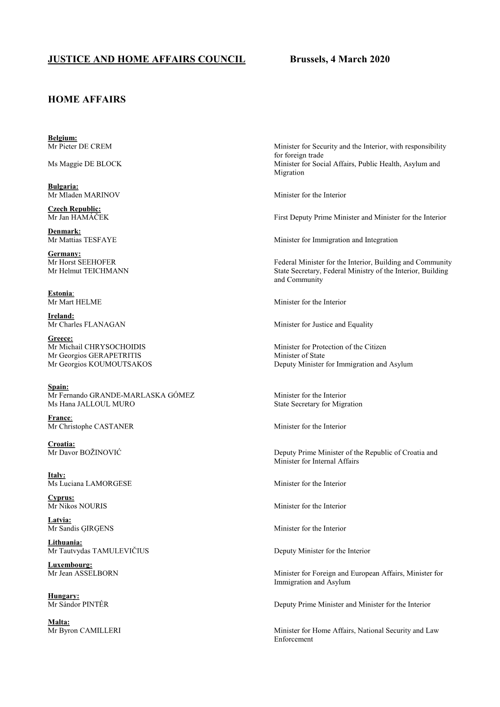 List of Participants, Justice and Home Affairs Council, 4 March 2020