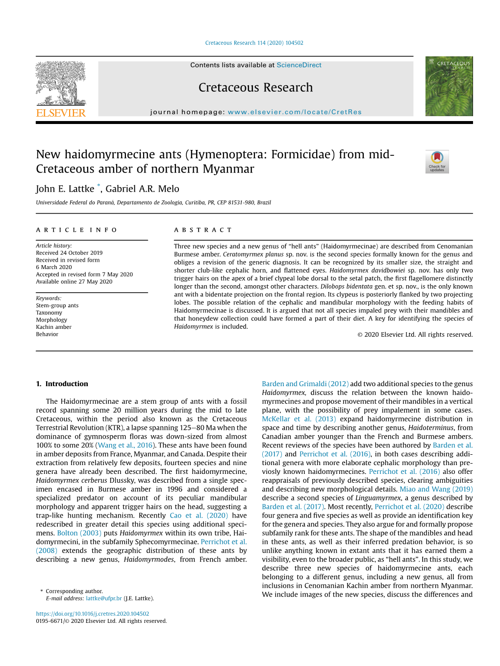 Hymenoptera: Formicidae) from Mid- Cretaceous Amber of Northern Myanmar