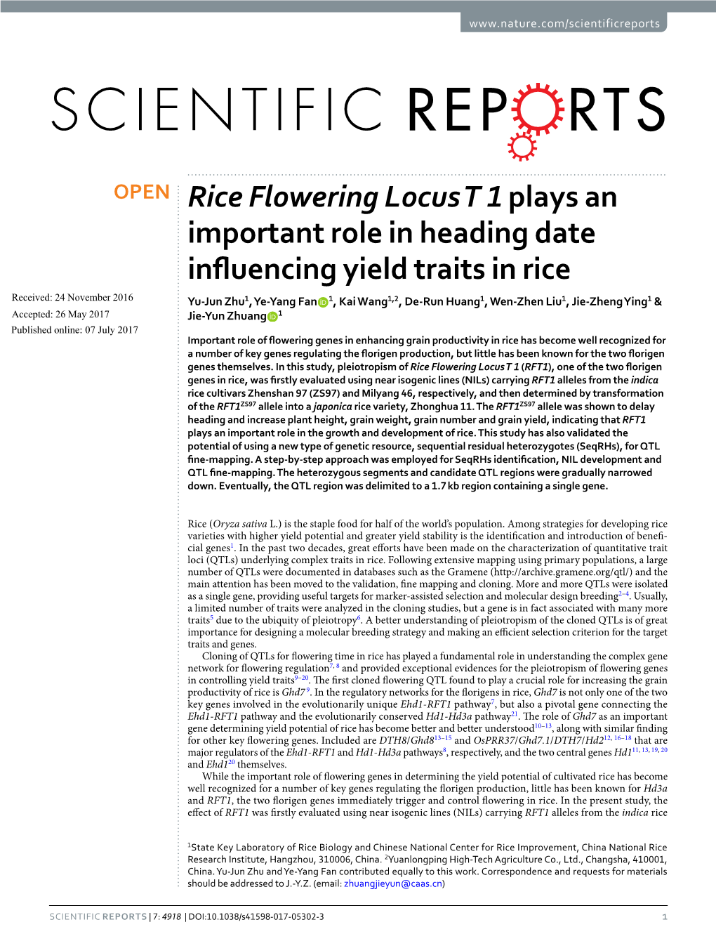 Rice Flowering Locus T 1 Plays an Important Role in Heading Date