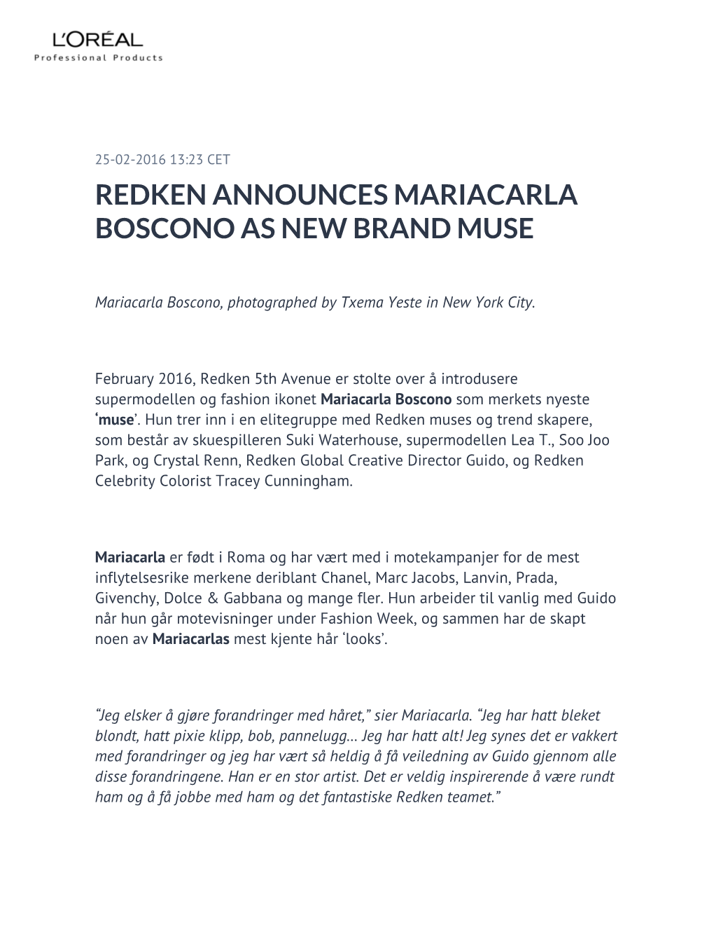 Redken Announces Mariacarla Boscono As New Brand Muse