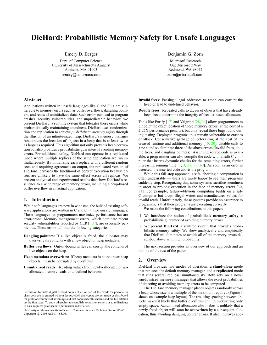 Diehard: Probabilistic Memory Safety for Unsafe Languages