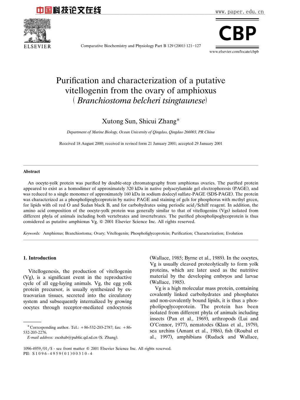 Purification and Characterization of a Putative Vitellogenin from the Ovary