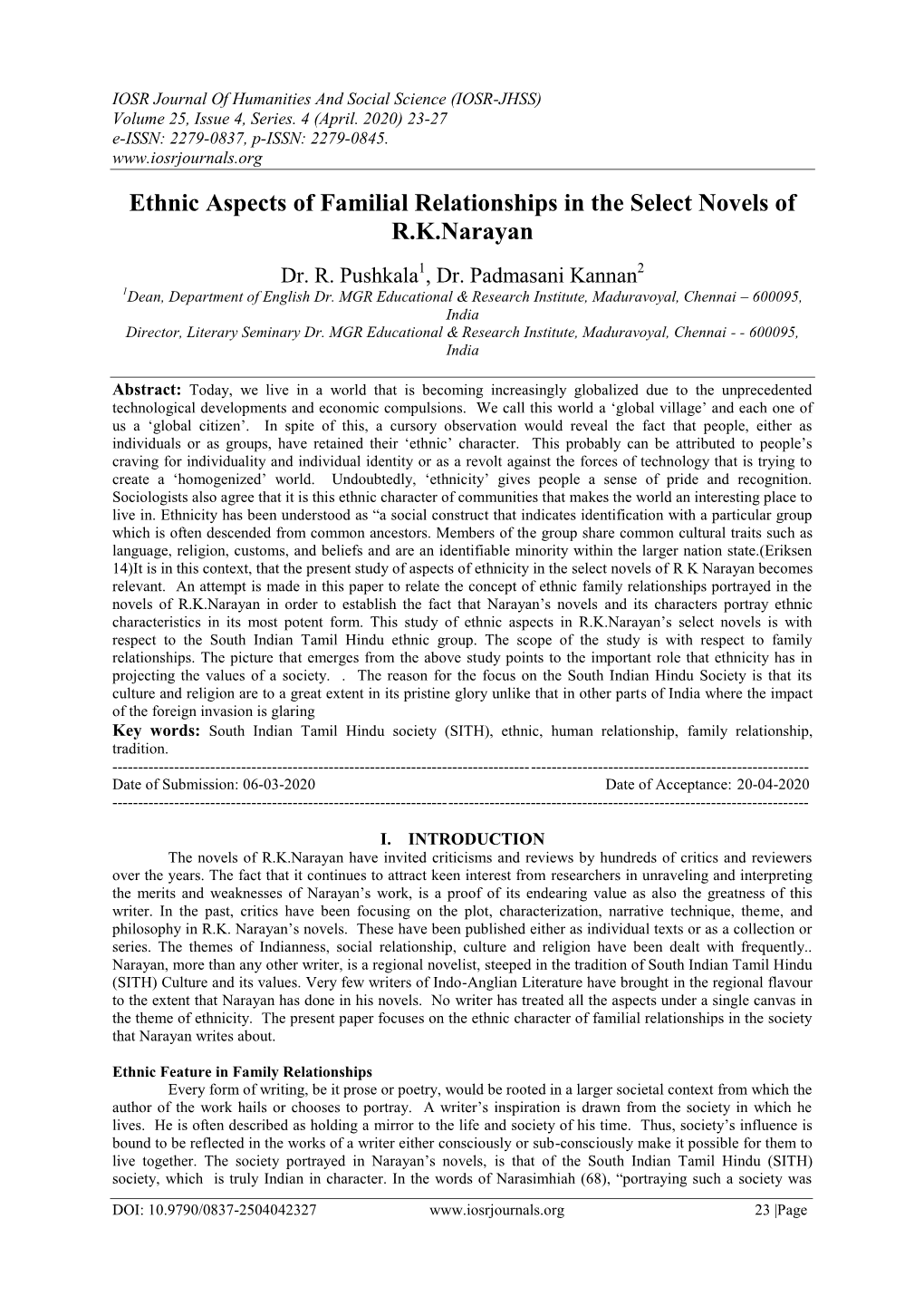 Ethnic Aspects of Familial Relationships in the Select Novels of R.K.Narayan