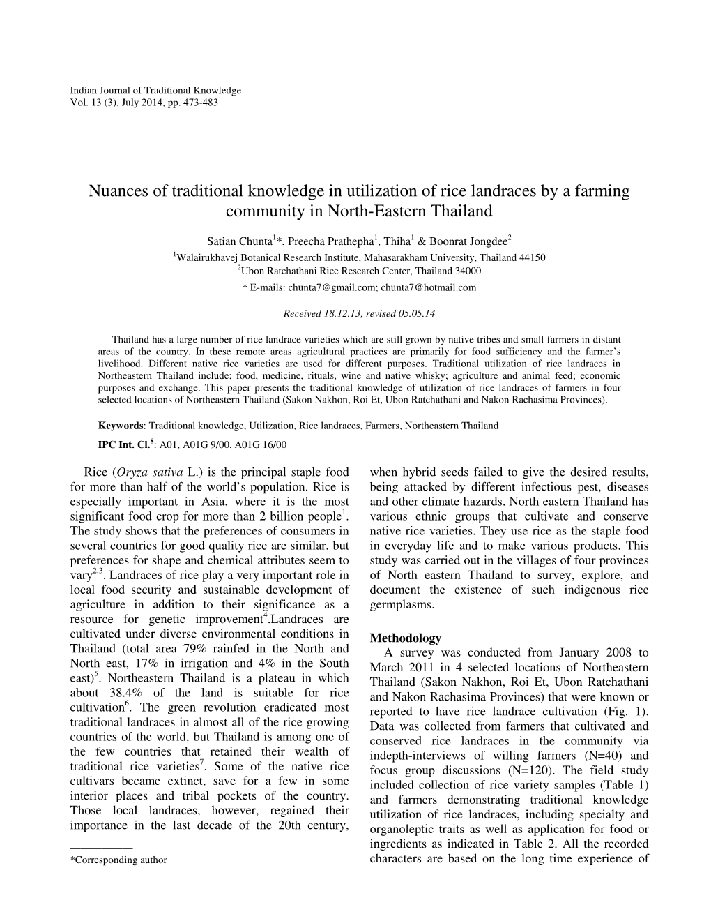 Nuances of Traditional Knowledge in Utilization of Rice Landraces by a Farming Community in North-Eastern Thailand