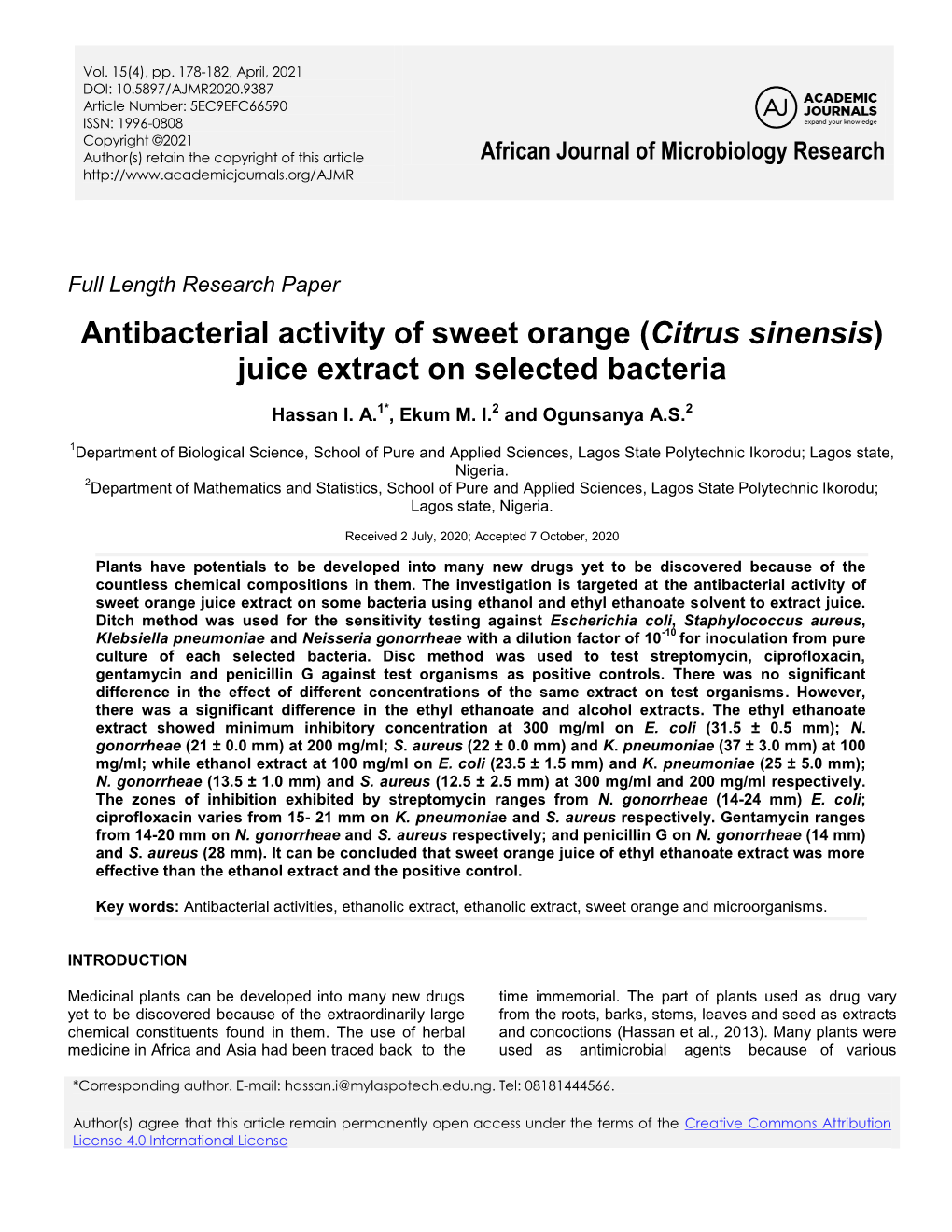 Antibacterial Activity of Sweet Orange (Citrus Sinensis) Juice Extract on Selected Bacteria