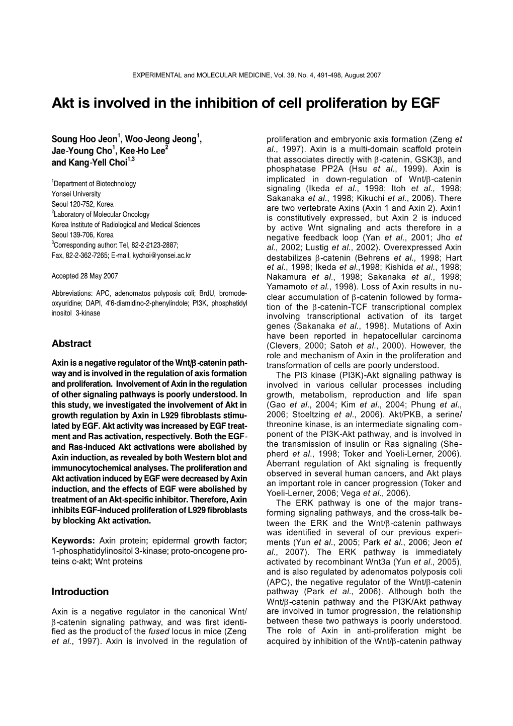 Akt Is Involved in the Inhibition of Cell Proliferation by EGF