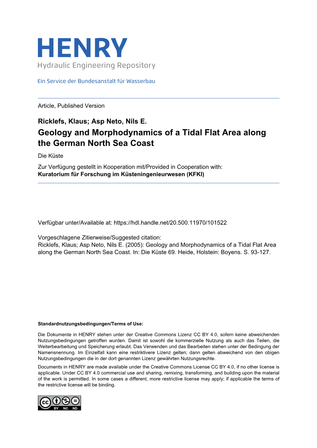 Geology and Morphodynamics of a Tidal Flat Area Along the German