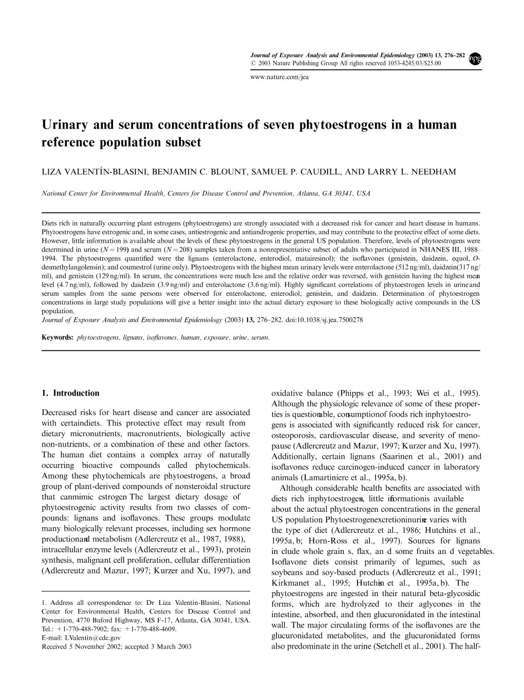 Urinary and Serum Concentrations of Seven Phytoestrogens in a Human Reference Population Subset