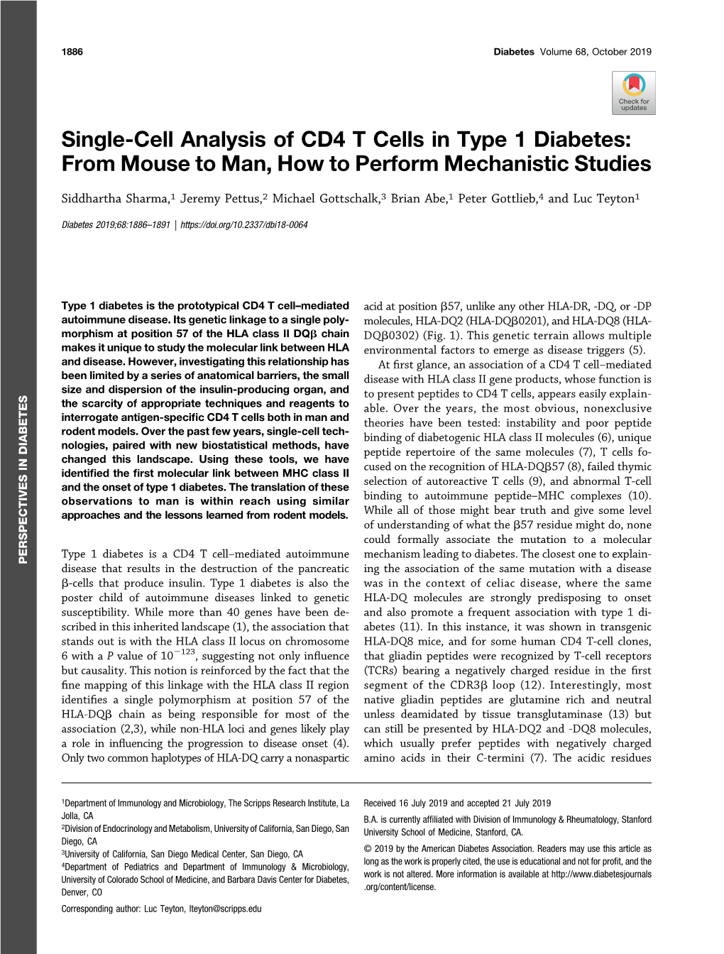 Single-Cell Analysis of CD4 T Cells in Type 1 Diabetes: from Mouse to Man, How to Perform Mechanistic Studies