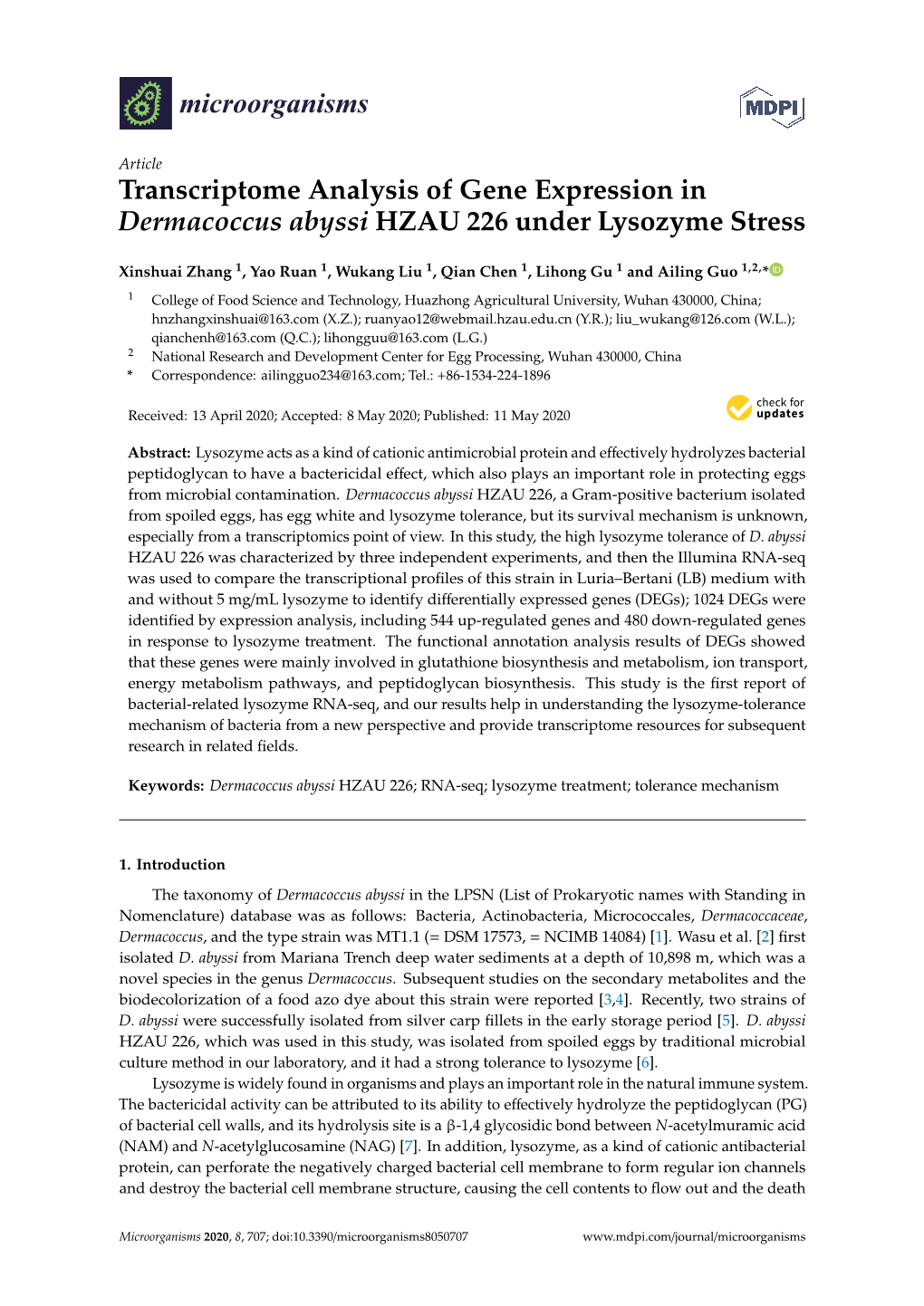 Transcriptome Analysis of Gene Expression in Dermacoccus Abyssi HZAU 226 Under Lysozyme Stress