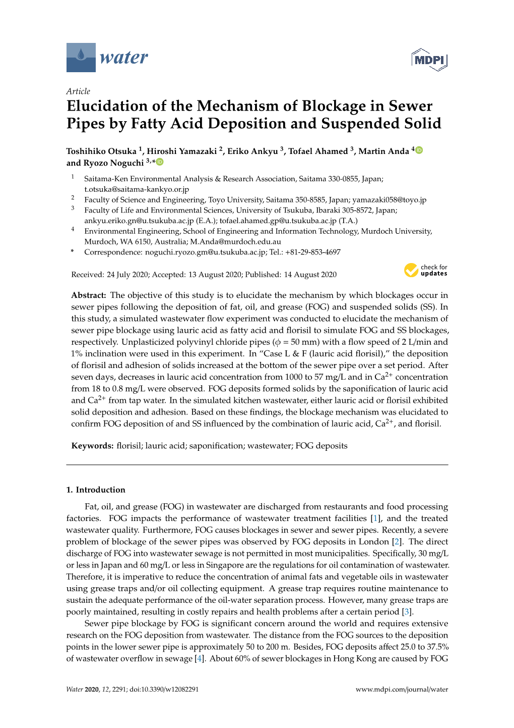 Elucidation of the Mechanism of Blockage in Sewer Pipes by Fatty Acid Deposition and Suspended Solid