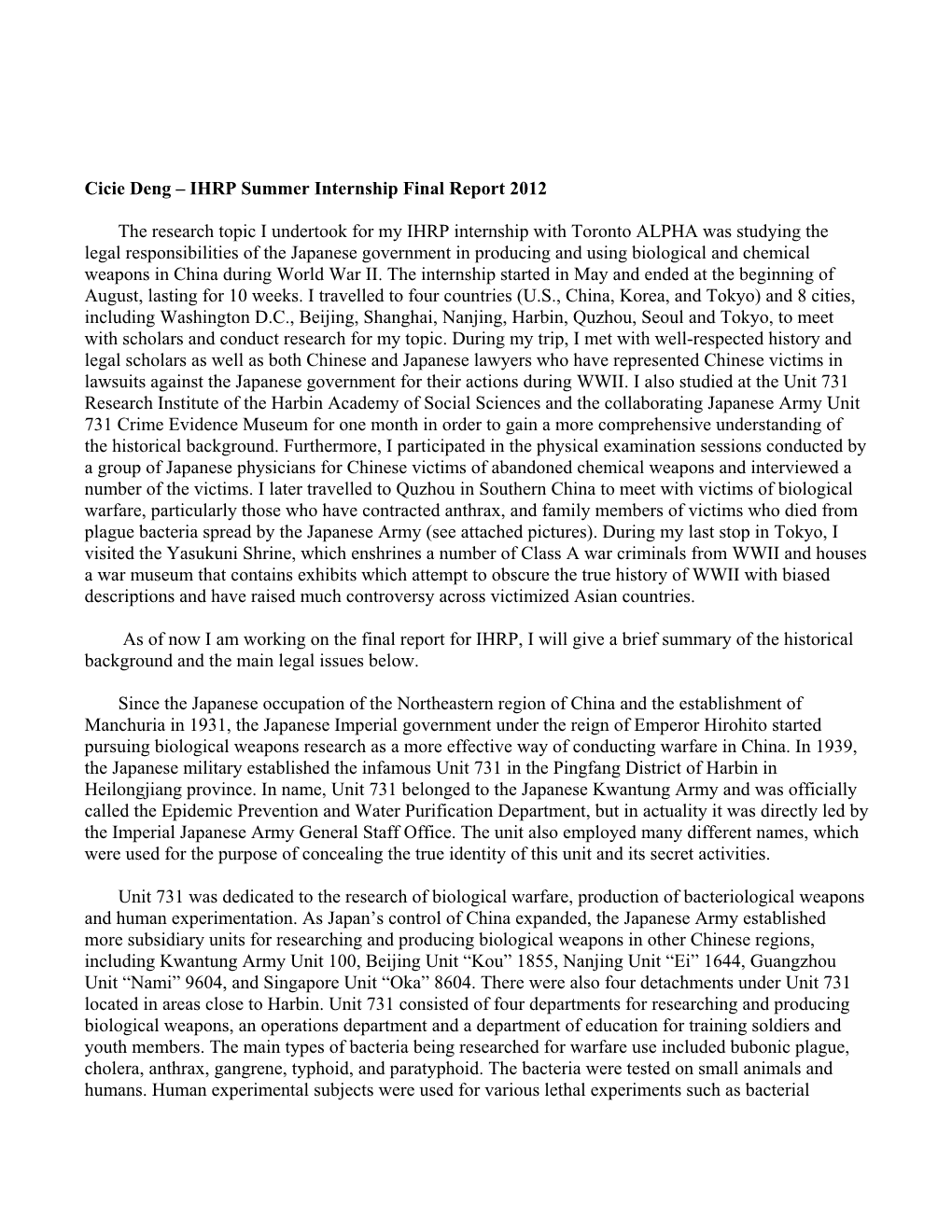 Cicie Deng – IHRP Summer Internship Final Report 2012