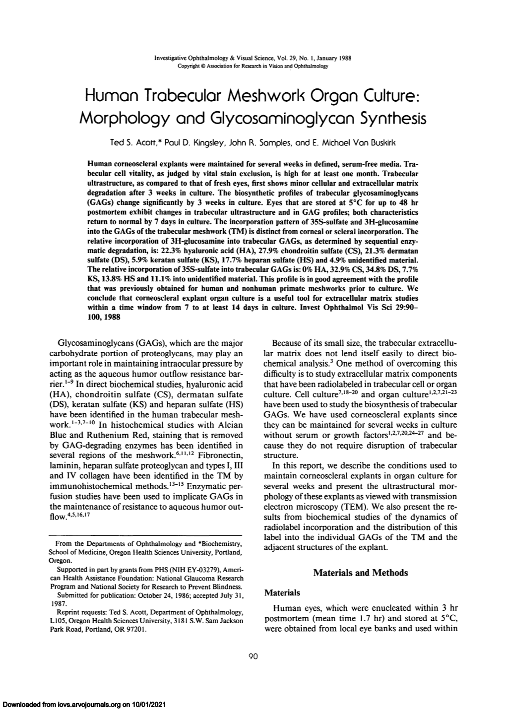 Human Trabecular Mesh Work Organ Culture: Morphology and Glycosaminoglycan Synthesis