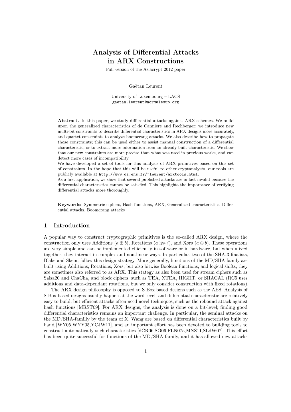 Analysis of Differential Attacks in ARX Constructions. Asiacrypt 2012