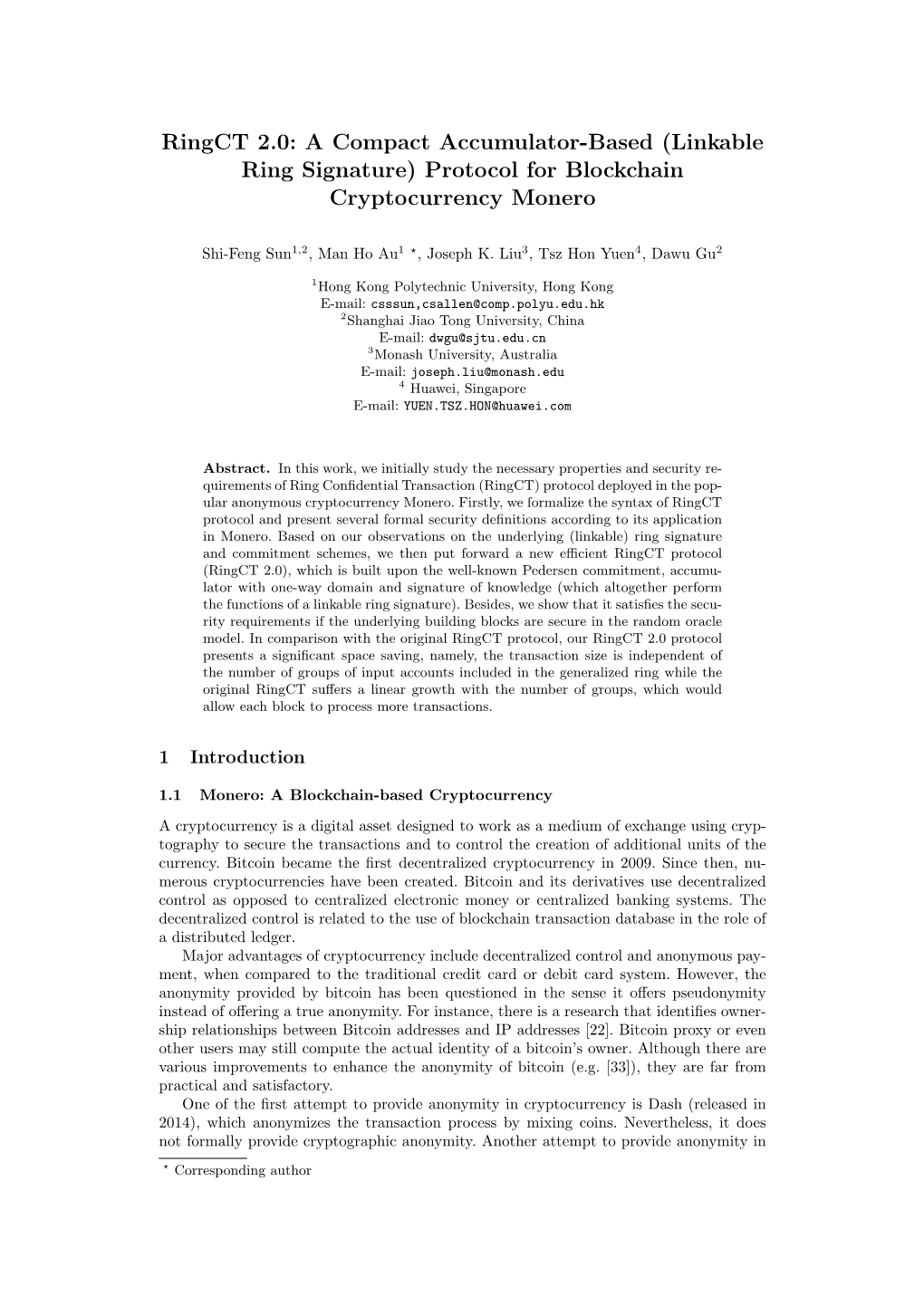 Ringct 2.0: a Compact Accumulator-Based (Linkable Ring Signature) Protocol for Blockchain Cryptocurrency Monero