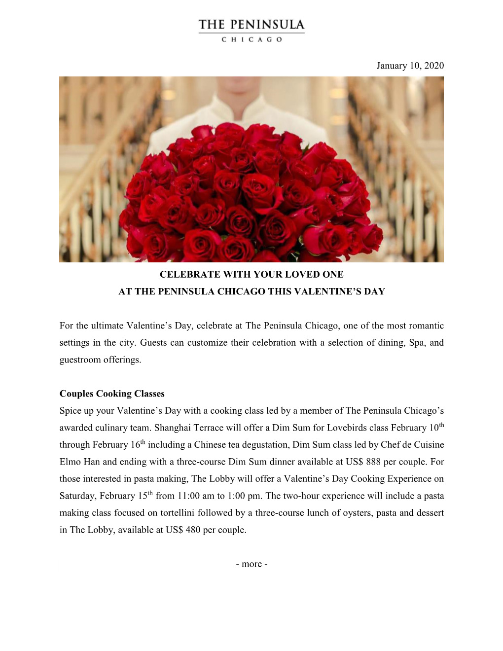 January 10, 2020 CELEBRATE with YOUR LOVED ONE at the PENINSULA CHICAGO THIS VALENTINE's DAY for the Ultimate Valentine's D