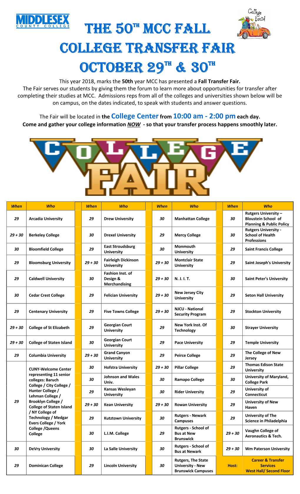 The 50Th Mcc Fall College Transfer Fair October 29Th & 30Th