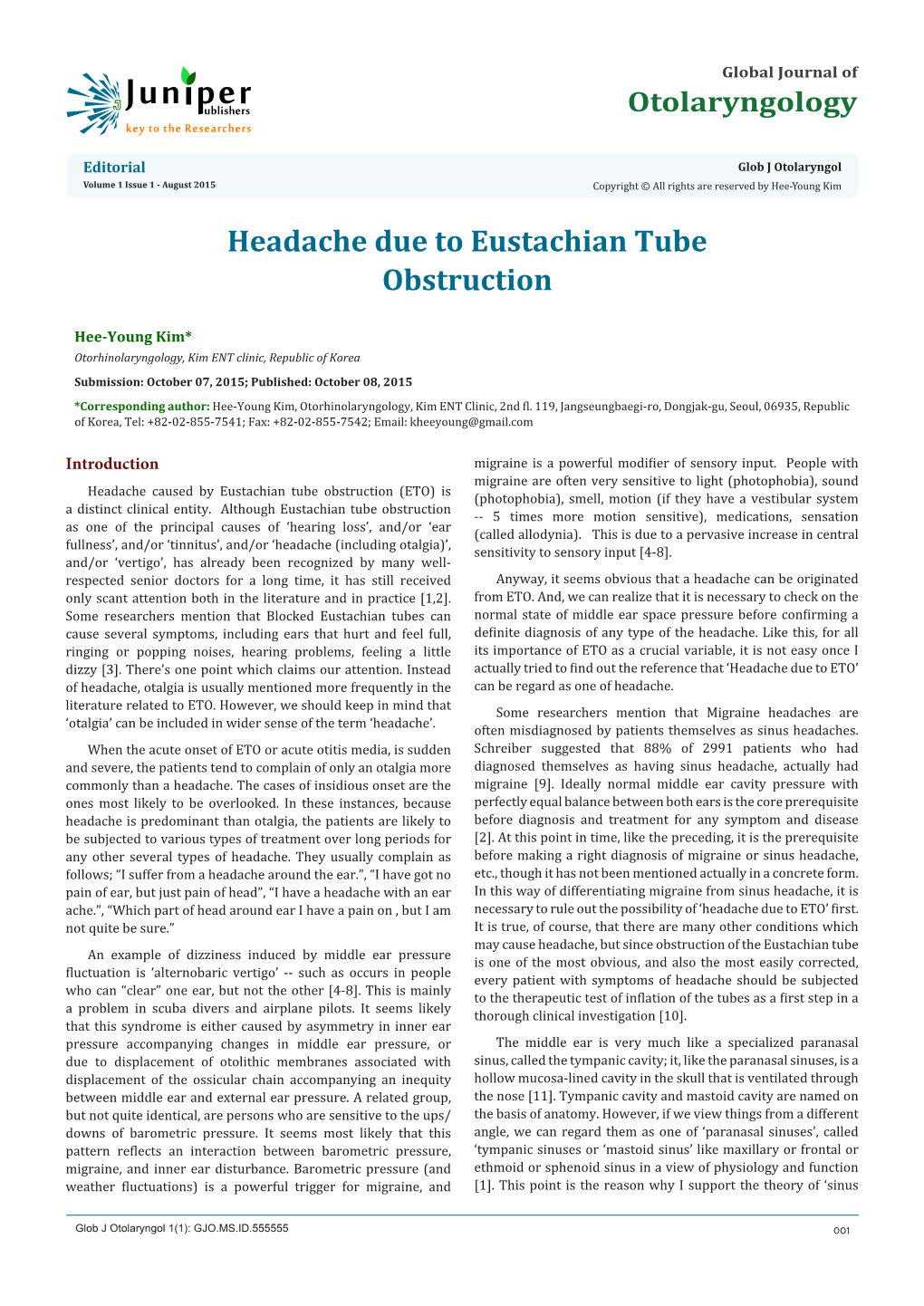 Headache Due to Eustachian Tube Obstruction