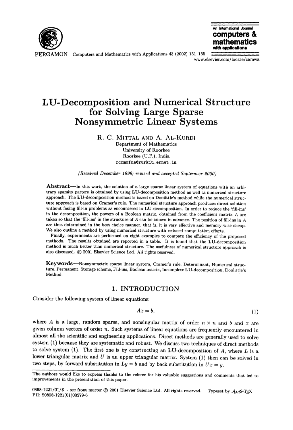 LU-Decomposition and Numerical Structure for Solving Large Sparse Nonsymmetric Linear Systems