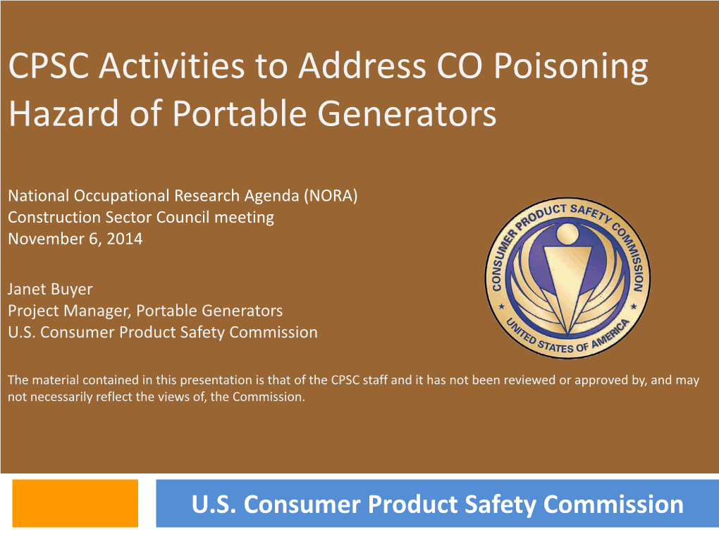 CPSC Activities to Address CO Poisoning Hazard of Portable Generators