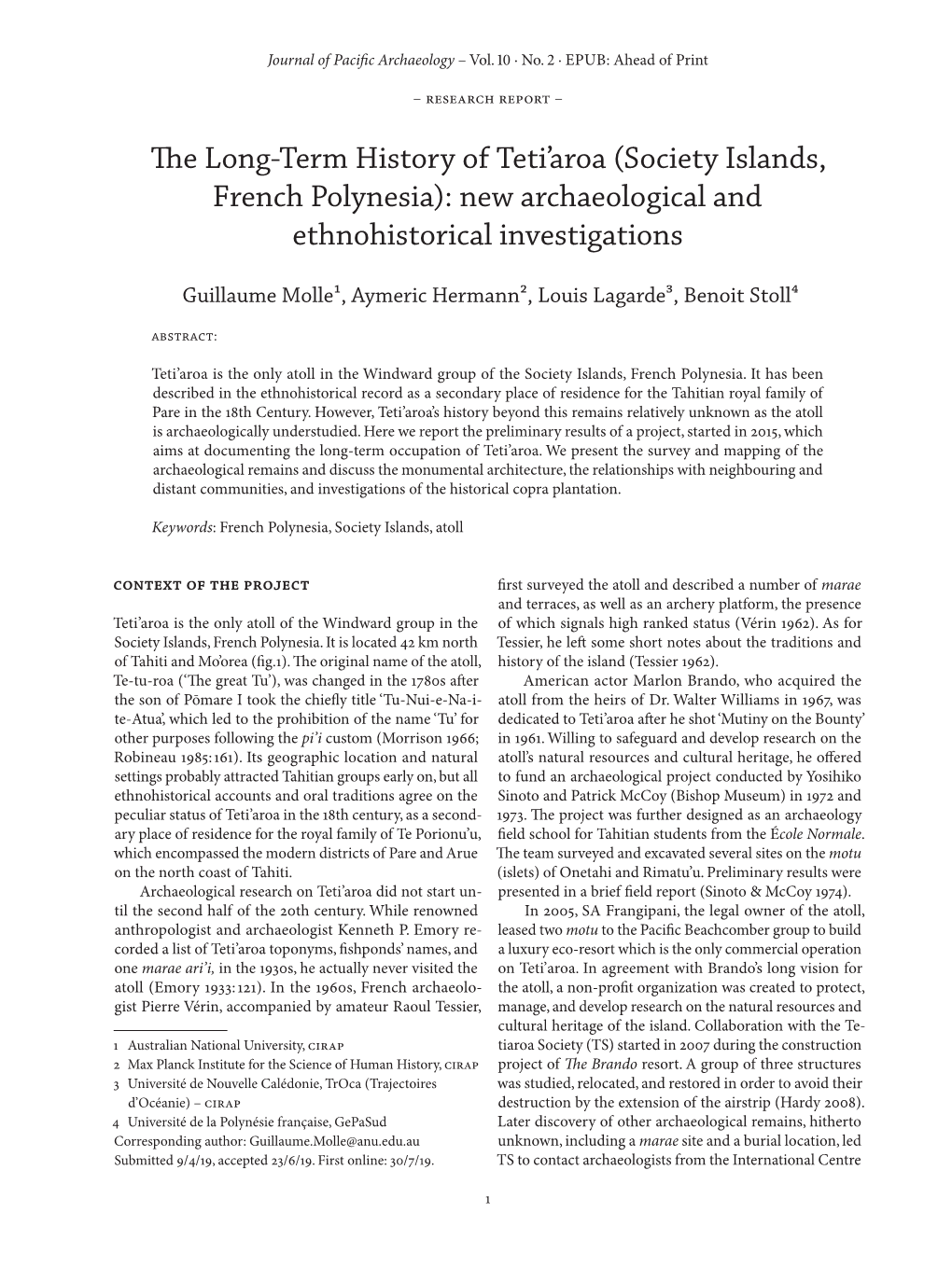 The Long-Term History of Teti'aroa (Society Islands, French Polynesia