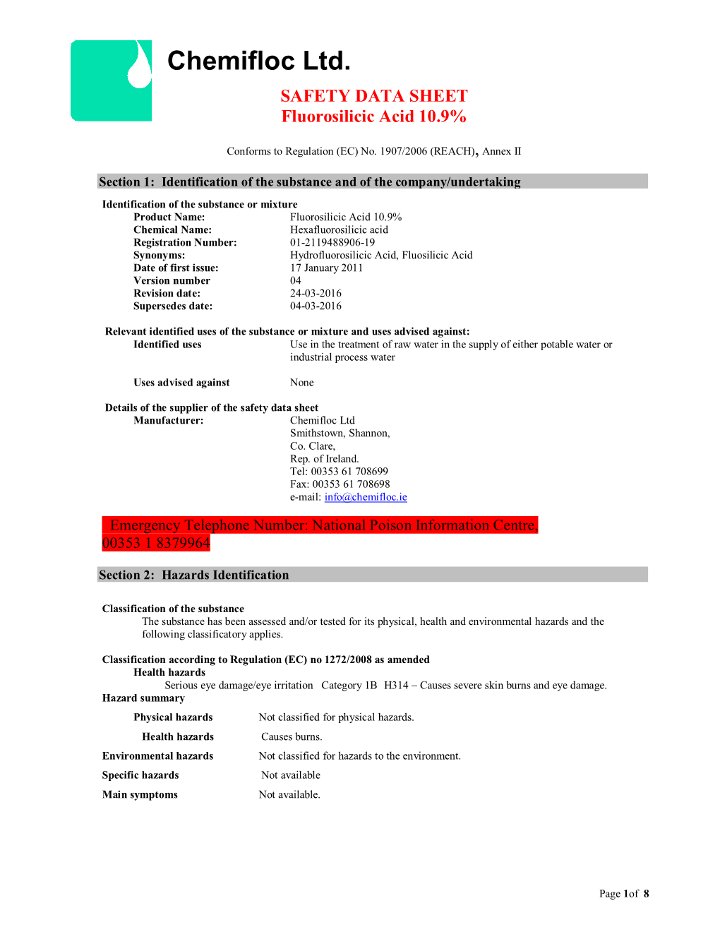 Chemifloc Ltd. SAFETY DATA SHEET Fluorosilicic Acid 10.9%