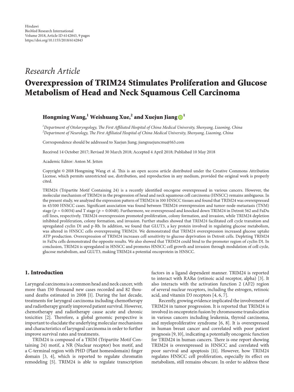 Overexpression of TRIM24 Stimulates Proliferation and Glucose Metabolism of Head and Neck Squamous Cell Carcinoma