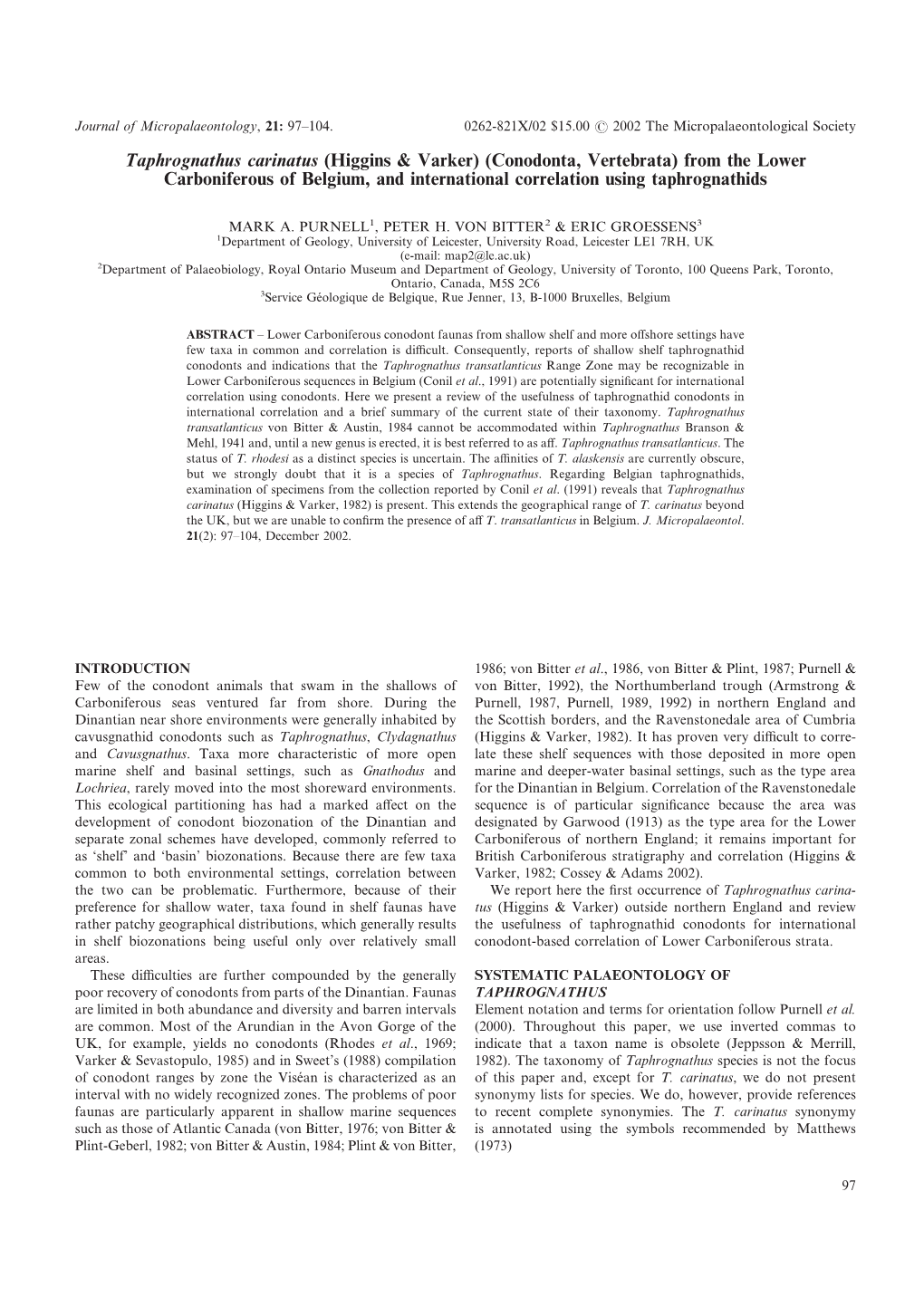 From the Lower Carboniferous of Belgium, and International Correlation Using Taphrognathids