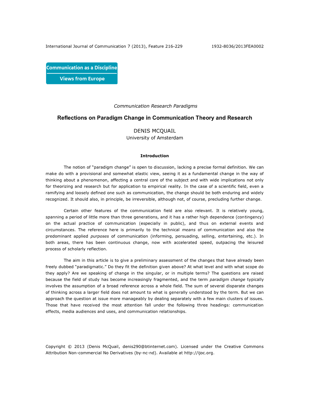 Reflections on Paradigm Change in Communication Theory and Research