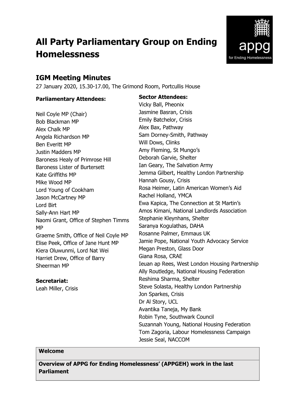 All Party Parliamentary Group on Ending Homelessness