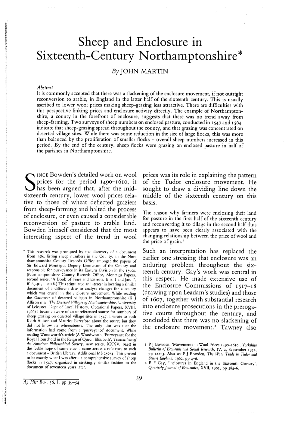 Sheep and Enclosure in Sixteenth-Century Northamptonshire* by JOHN MARTIN