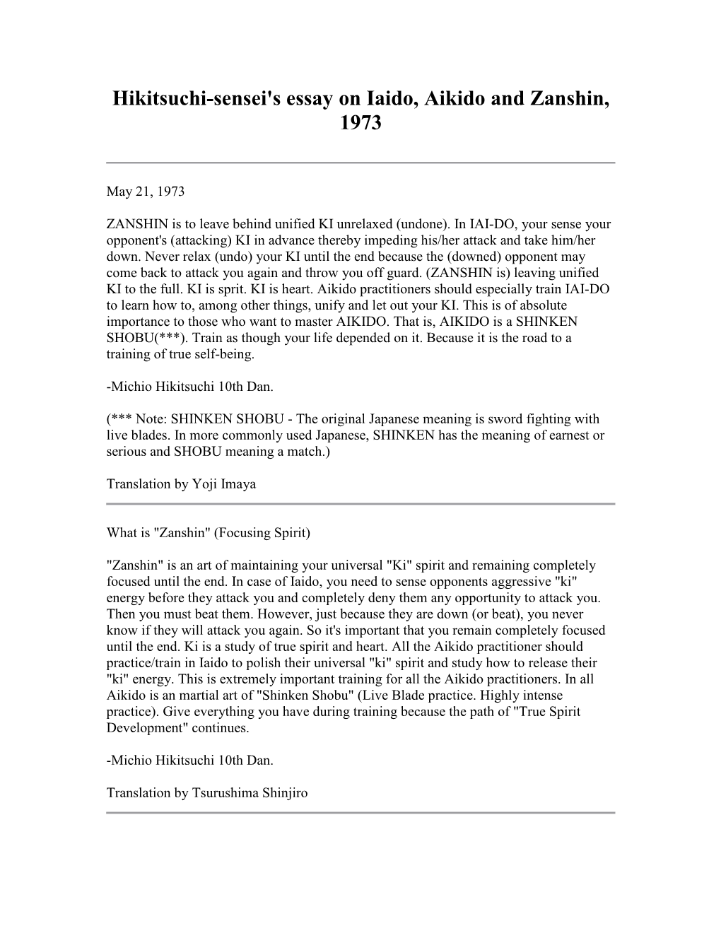 Hikitsuchi-Sensei's Essay on Iaido, Aikido and Zanshin, 1973