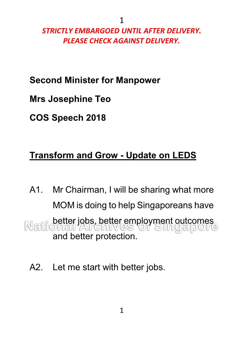 1 Second Minister for Manpower Mrs Josephine Teo COS Speech 2018 Transform and Grow