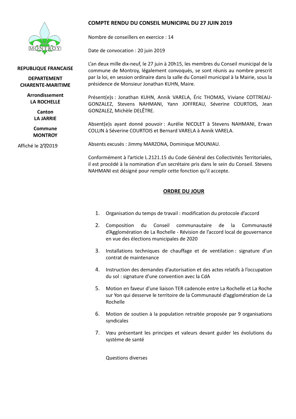 Compte Rendu Du Conseil Municipal Du 27 Juin 2019